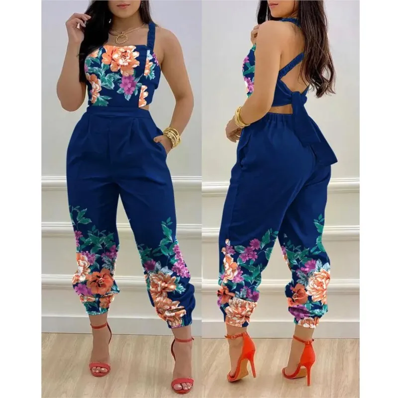 

New Fashion Printed Sleeveless Jumpsuit Summer Sexy Hollow Backless Lace Up Long Jumpsuits Elegant Casual Jumpsuit With Pocket