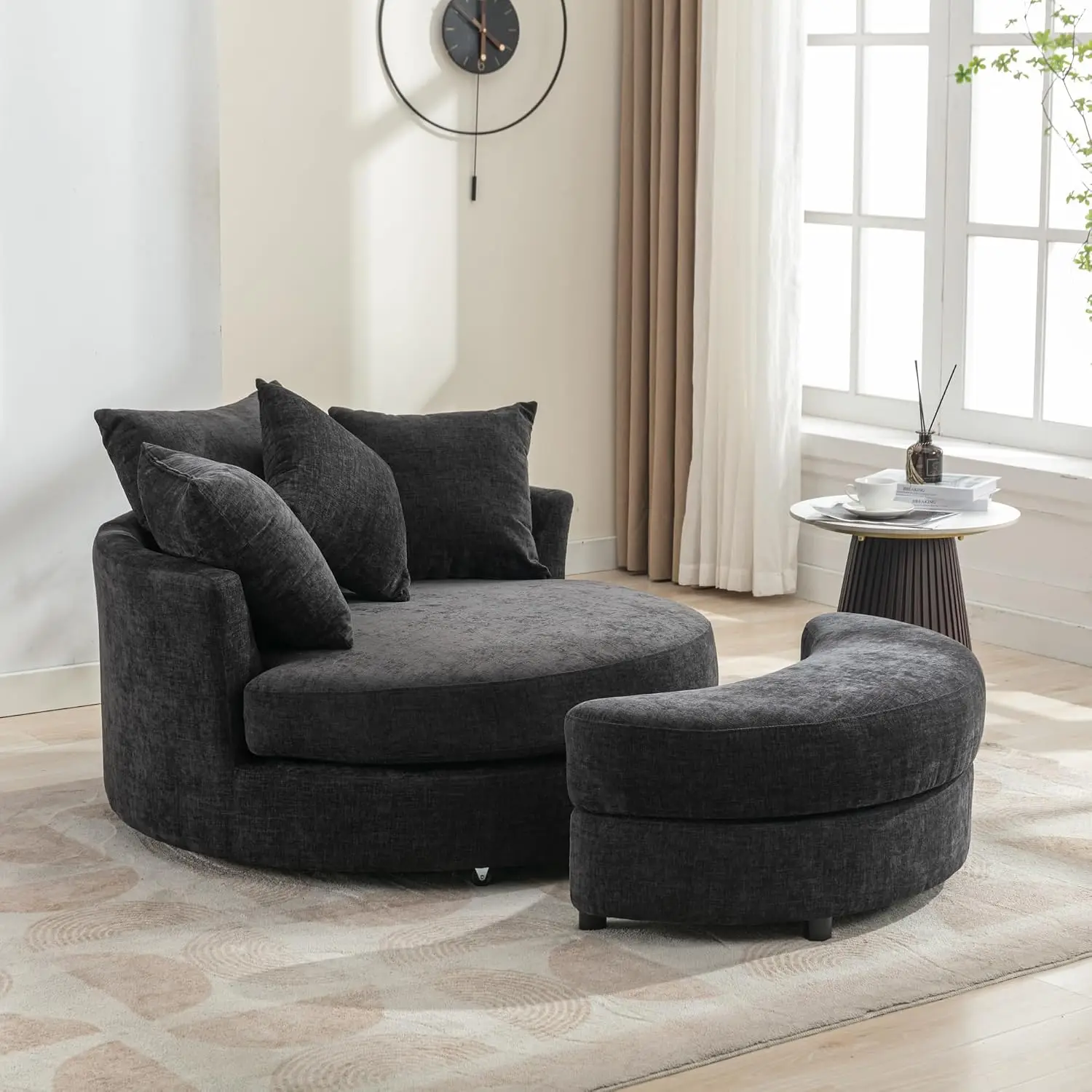 Swivel Accent Barrel Chair with Storage Ottoman, 360° Round Chenille Lounge Chair with 4 Pillows, Modern Upholstered Leisure Arm