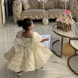 Sevintage Cute Baby Flower Dresses Bow 3D Flowers Puff Sleeves Birthday Gifts Wedding Dresses For Kids ropa de niña Customized