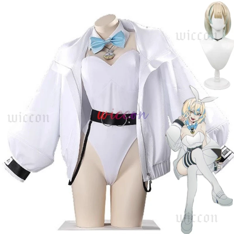 Nijisanji Virtual YouTuber Hibachi Mana Cosplay Costume Feminization Bunny Girl Jumpsuits Coat Wig Woman Sexy Cute Party Suit