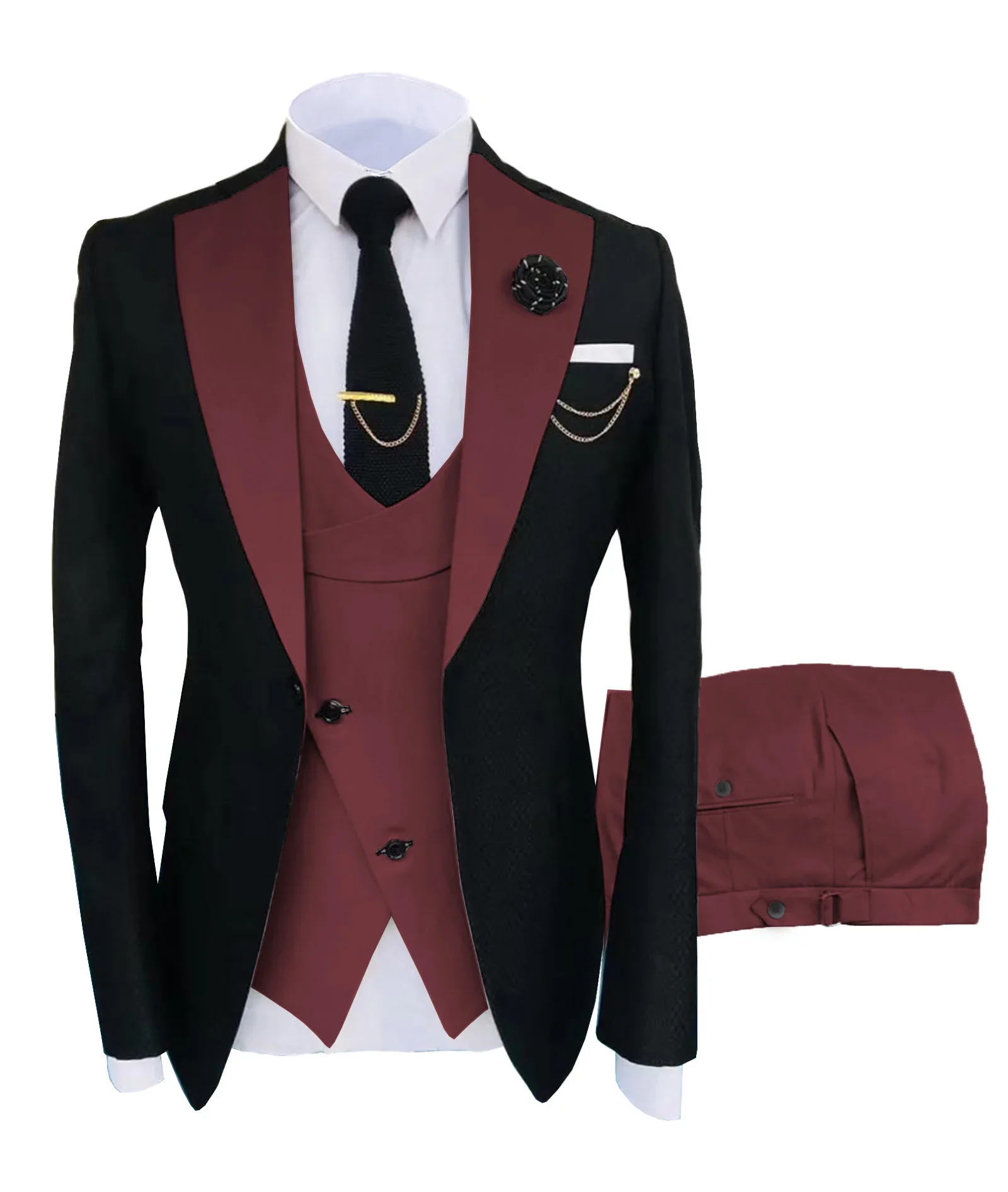 

Fashion Peak Lapel Burgundy Men Suits Slim Fit Business Suits Groom Tuxedo For Wedding Costume Homme (Blazer+Pants+Vest)