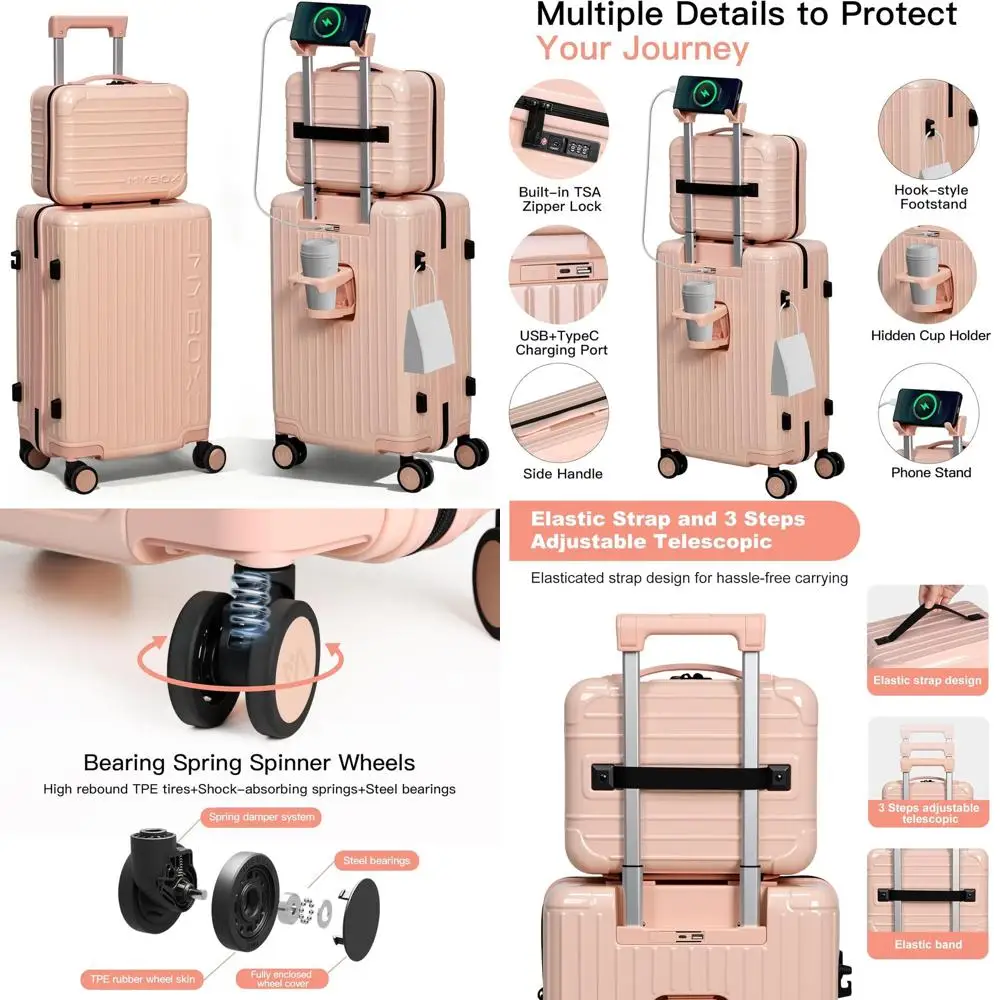 

Розовый комплект багажа из 2 предметов: 20 чемоданов + 12 колес, USB, подстаканник, боковой крючок, водонепроницаемый и устойчивый к царапинам, воздушный