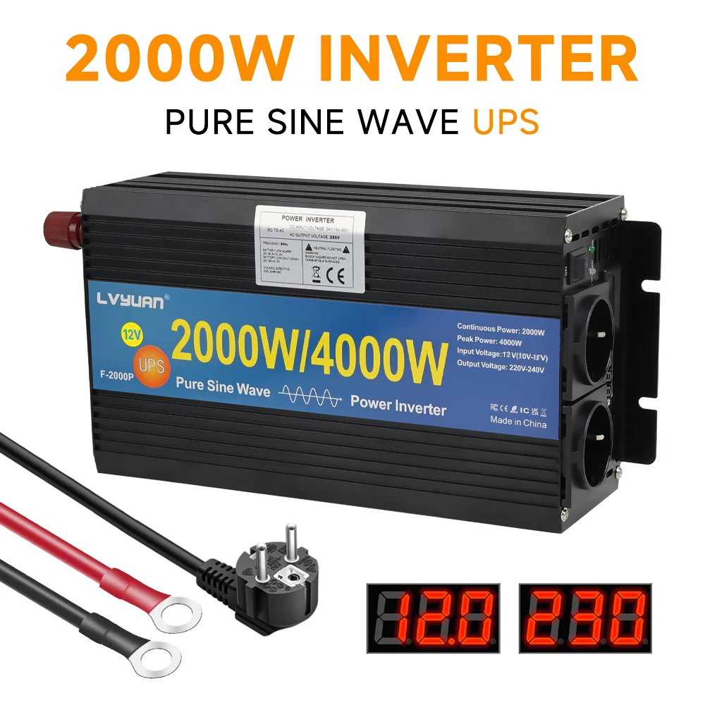 2000W/4000W Uninterruptible Power Supply Pure Sine Wave Power Inverter Charger & UPS DC 12V/24V to AC 220V 230V Universal socket