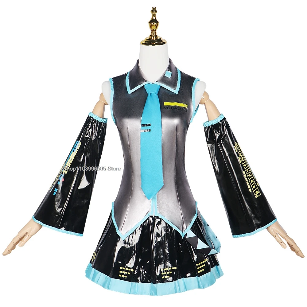 Mikuu Cosplay Full Set Silver Leather Fabric Suit Mikuu Cosplay Headwear Costume Outfit JK Sailor Dress High School Uniform