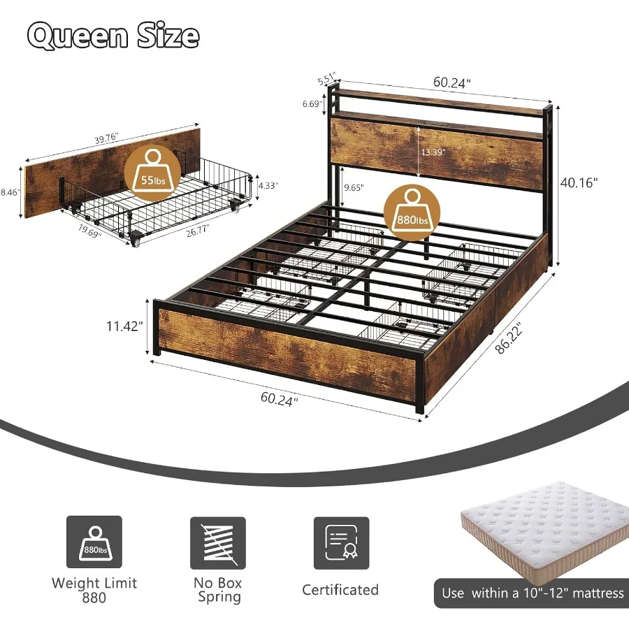 Queen Bed Frame with 4 Storage Drawers and Headboard, Metal Platform Panel Bed with Charging Station and RGB LED Lights, No Box