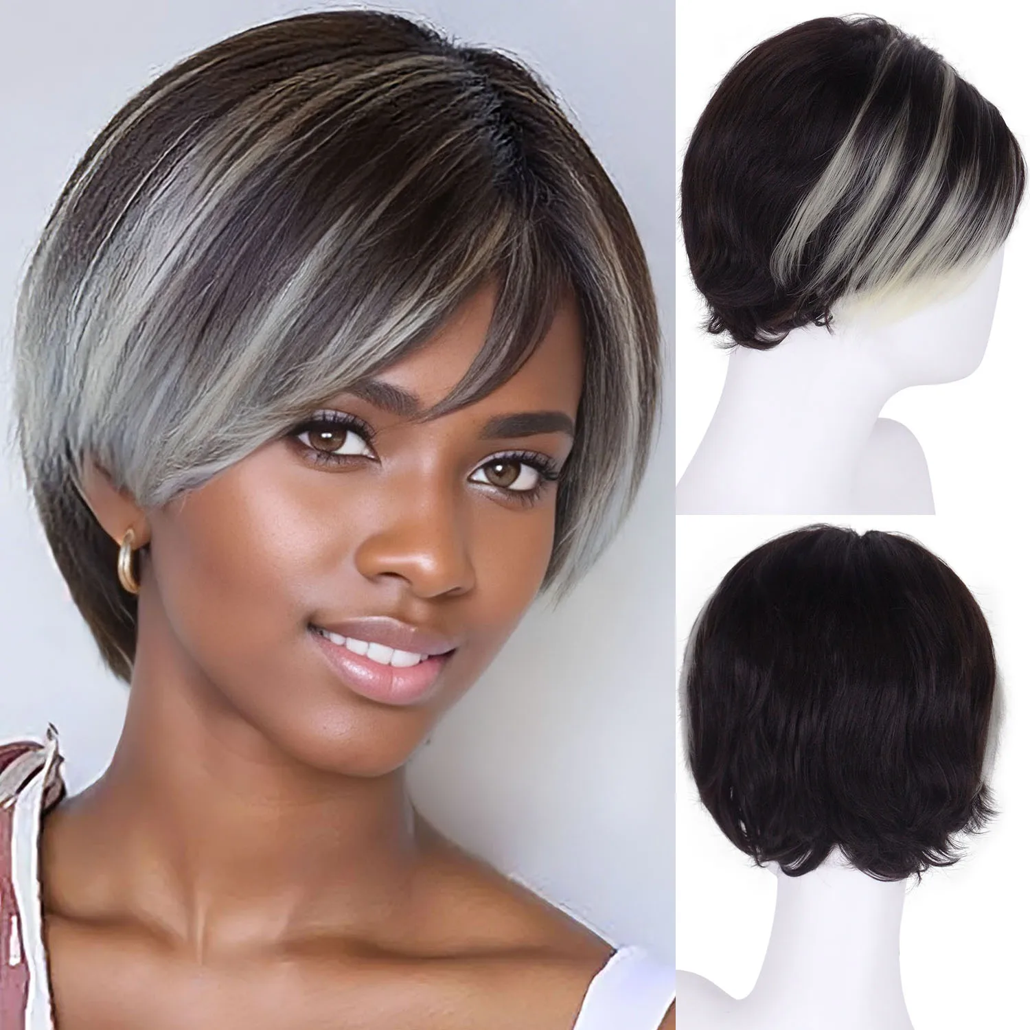 

Синтетические волосы, коричневый смешанный блондин, парик Боб с челкой, термостойкие короткие прямые парики для чернокожих женщин, повседневное использование, костюмированная вечеринка