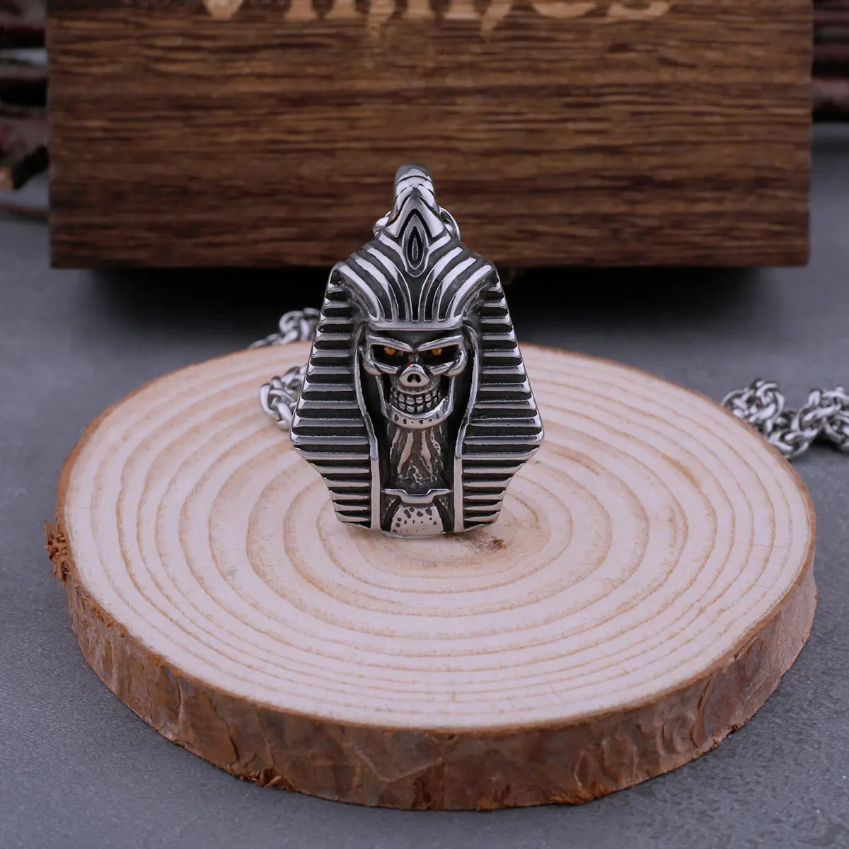 Stainless Steel Pharaoh Skull Necklace New Men's Ancient Egypt Retro Pendant Personality Punk Jewelry Generation Hair Box