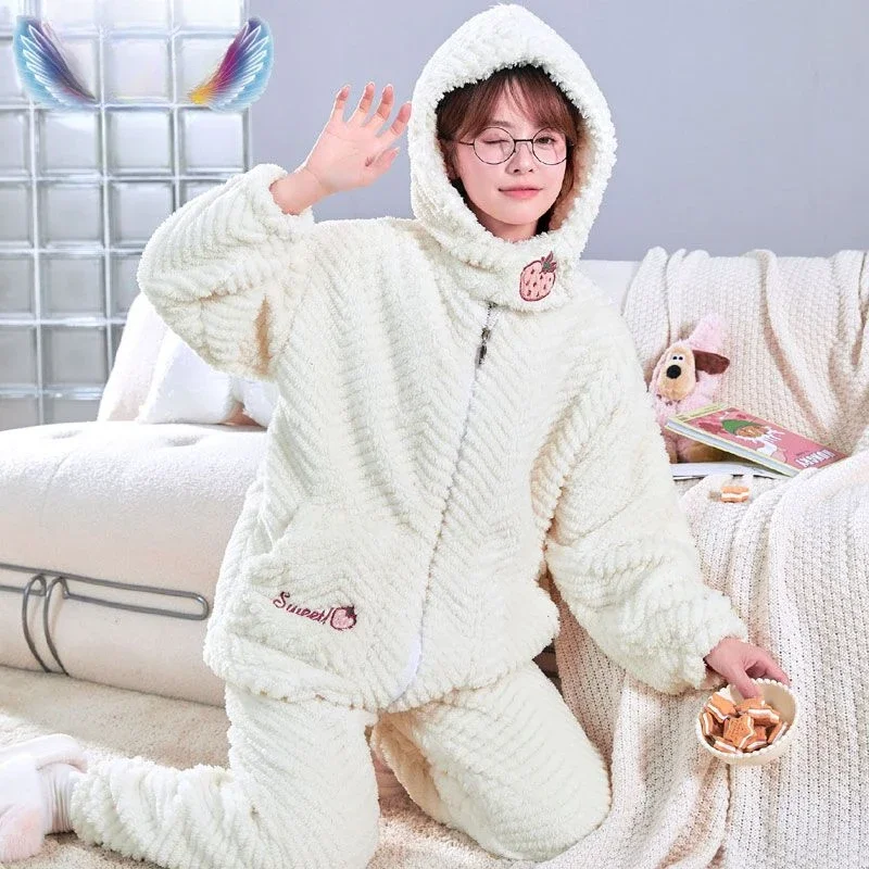 Autumn Winter Plus Fleece Thickened Lovely Flannel Ladies Spring/Autumn Coral Fleece Girls Homewear Set Pijama Ladies Pyjamas