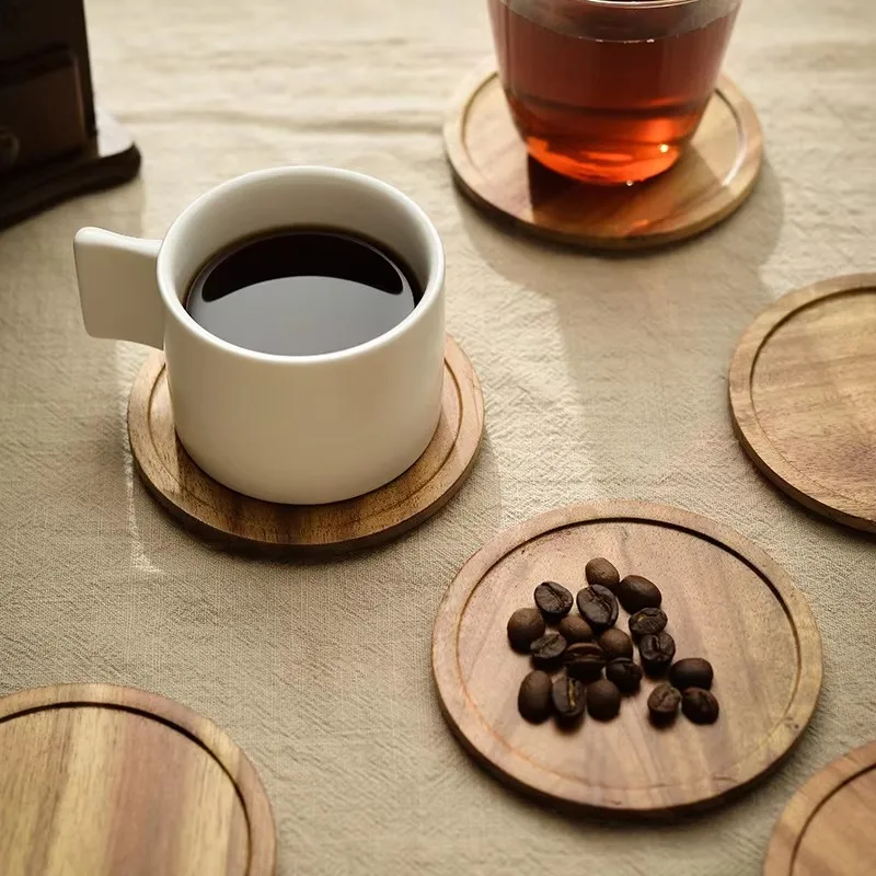 Posavasos de madera para mesa de centro, mesa de comedor, Bar, tapete redondo para bebidas, barniz de haya de nogal negro, manteles individuales con caja de posavasos