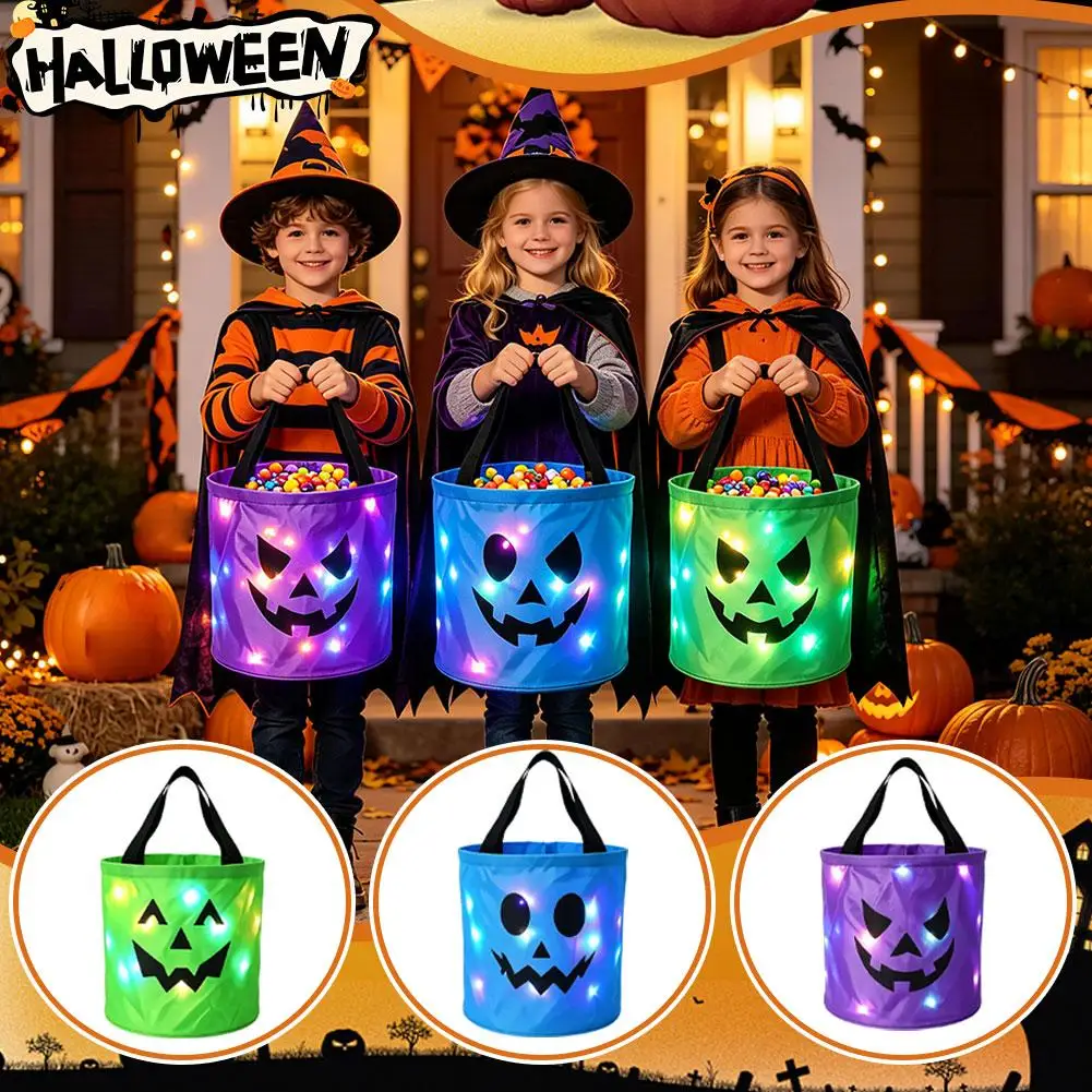 Halloween LED Pumpkin Candy Bag Bucket, Trick-or-Treat Handheld Gift Basket,Light Up Pumpkin Pail for Kids Halloween Party Decor