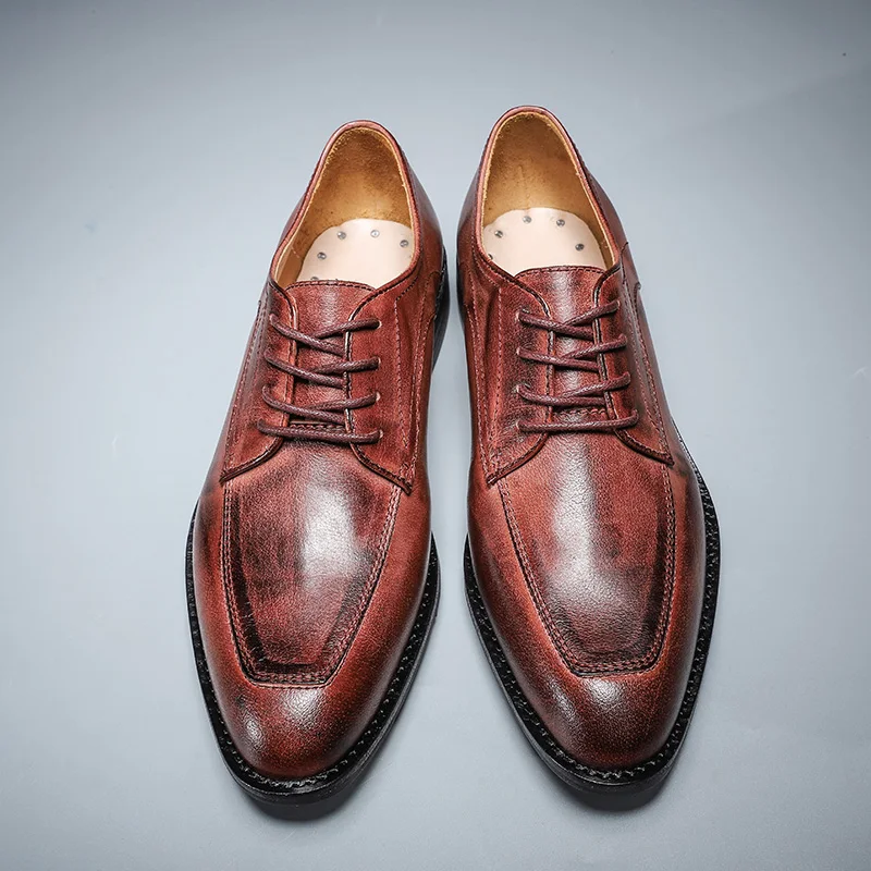 

British Men Dress Shoes Retro First Layer Cowhide Business Formal Derby Shoes Handmade Casual Leather Shoes Pointed Toe