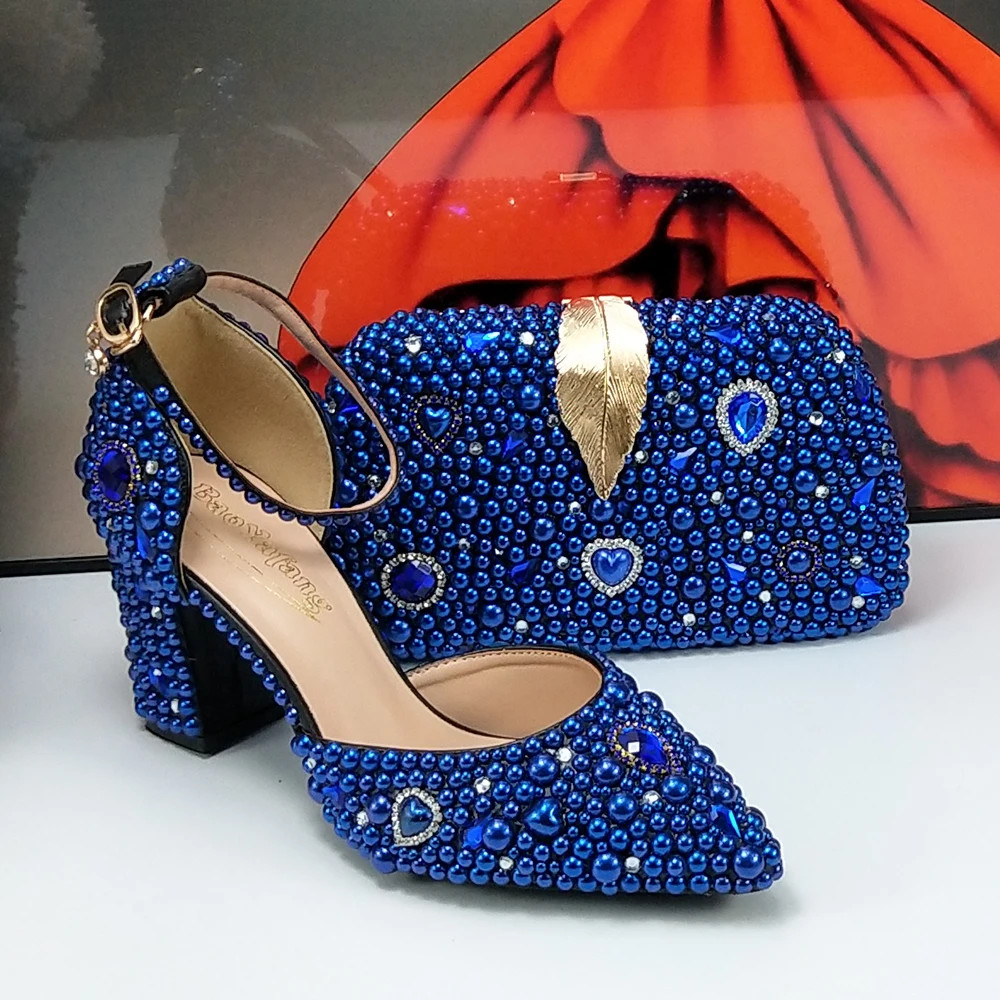 Royal Blue Bride Wedding shoes with bag Green Pearl Pointed Toe Square heel Party Dress Shoes Fashion Heels sandals Women