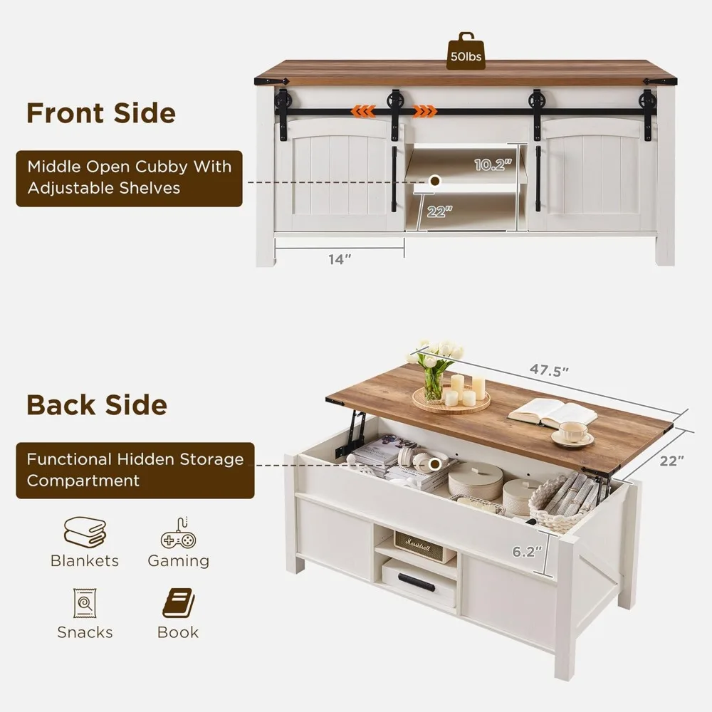 Mesa de centro elevable Farmhouse con puerta corredera, mesa central rústica grande de 48" con compartimento de almacenamiento oculto, mesa elevadora