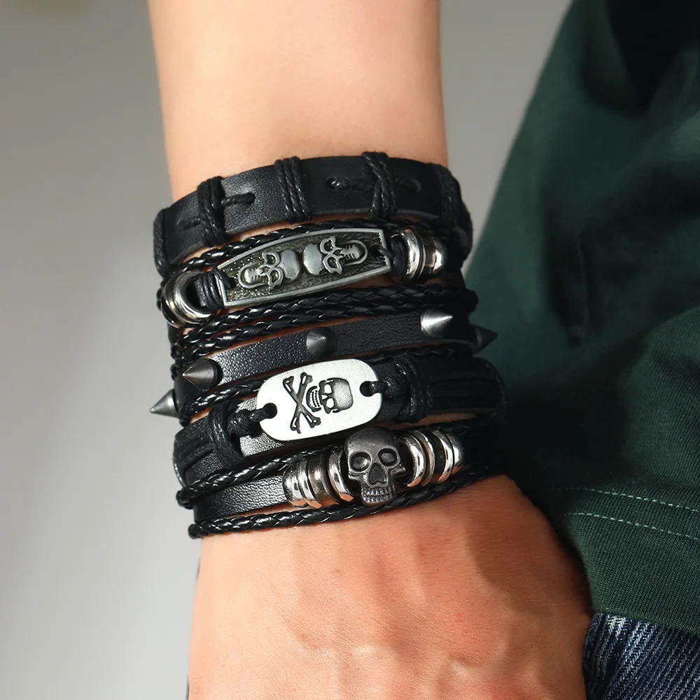 Punk Mode Wikinger Armband für Männer Hand Armbänder gewebte Legierung Nieten Spikes Schädel Köpfe mehr schicht igen Schmuck Leder Set Geschenke