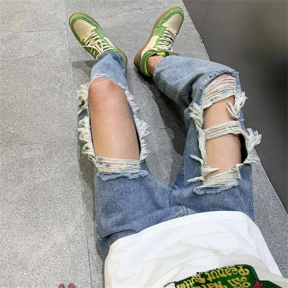 Light Blue Hole Jeans for Men Summer Fashion Casual Trousers Thin Loose Pants Bottoms Vintage Male Cloting Streetwear Plus Size