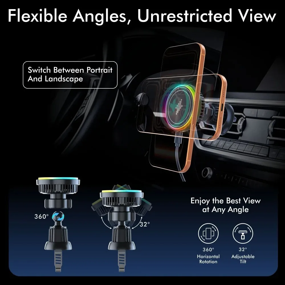 Car RGB TEC Magnetic Phone Holder Wireless Charger for iPhone 17 16 15 14 13 12 Fast Charging Air Outlet GPS Cellphone Bracket