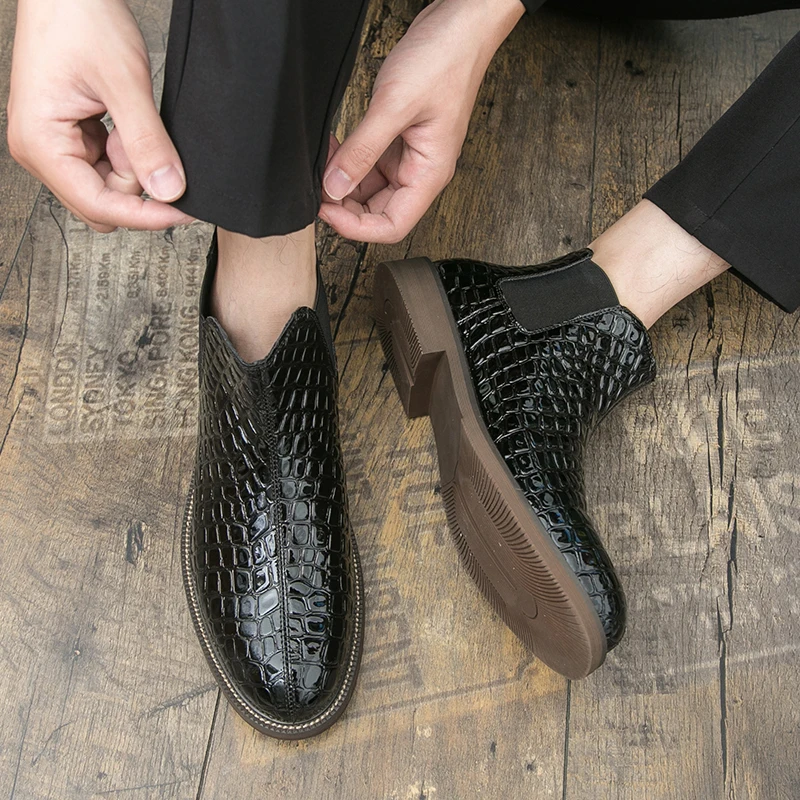 جديد الرجال تشيلسي الأحذية الخريف الشتاء المنسوجة تنقش الجلود الأعمال عادية عالية أعلى حذاء من الجلد الانزلاق على فستان أحذية للرجال #5