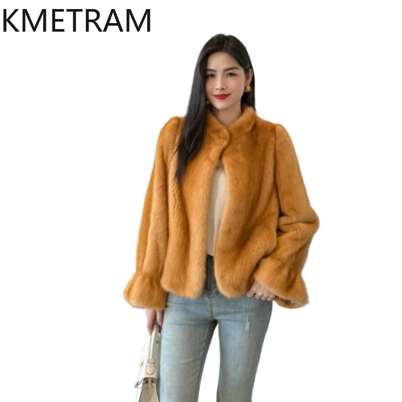 KMETRAM 100% ミンク毛皮ジャケット レディース スタンドカラー ショート丈 本物の毛皮コート フレア袖 冬服 女性用 2025年モデル