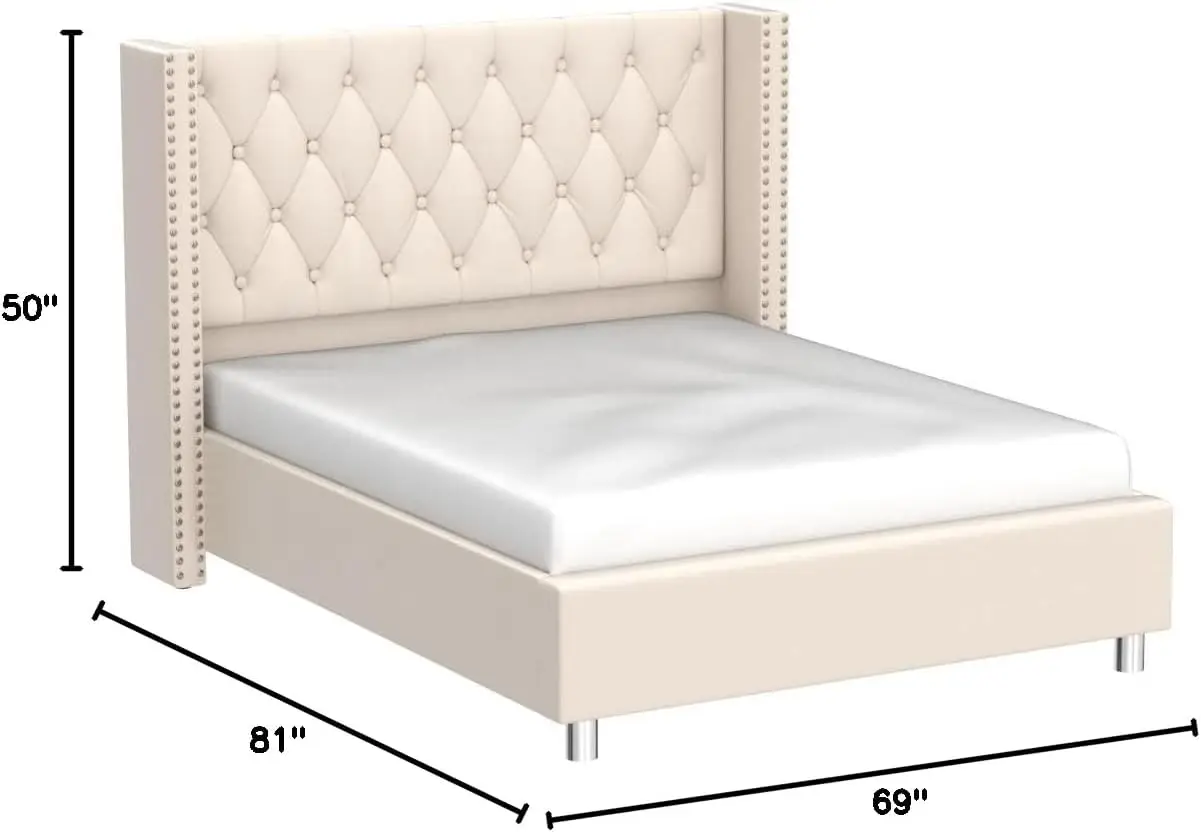 Queen Bed Frame Upholstered Bed Wingback Headboard Velvet Tufted Diamond Button/No Box Spring Needed/Easy Assembly/Cream