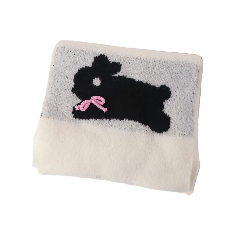 

Милый вязаный шарф из полиэстера с кроликом, мягкий, теплый, мультяшный, толстый, с вышивкой банта, длинный, для девочек