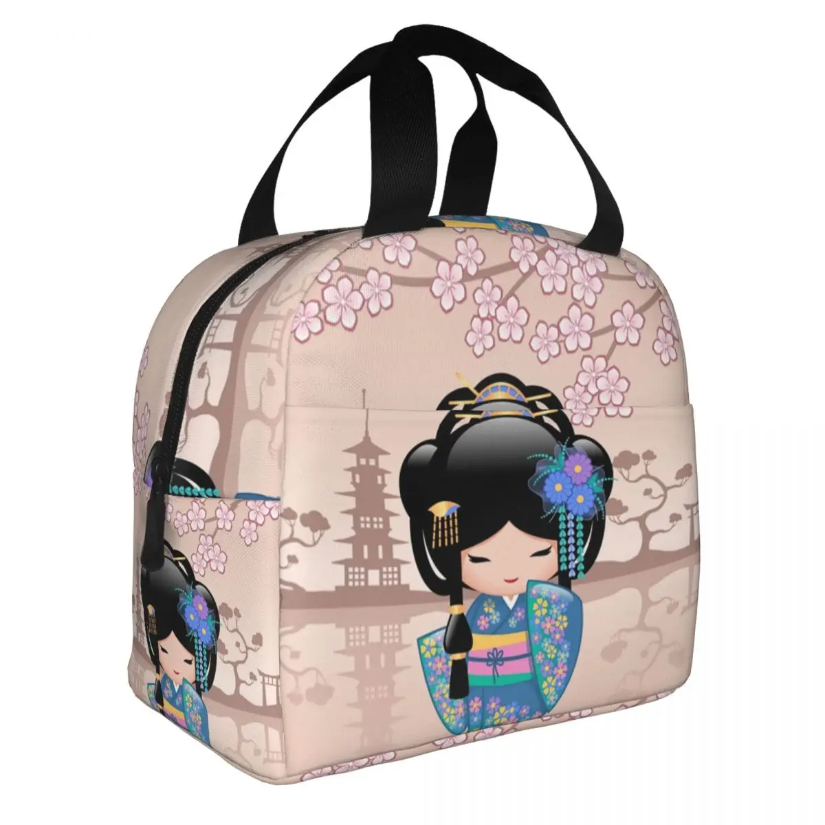 Custom Japanese Keiko Kokeshi Doll Print Insulated Lunch Bags Women Floral Sakura Cherry Blossom Portable Cooler Food Lunch Box