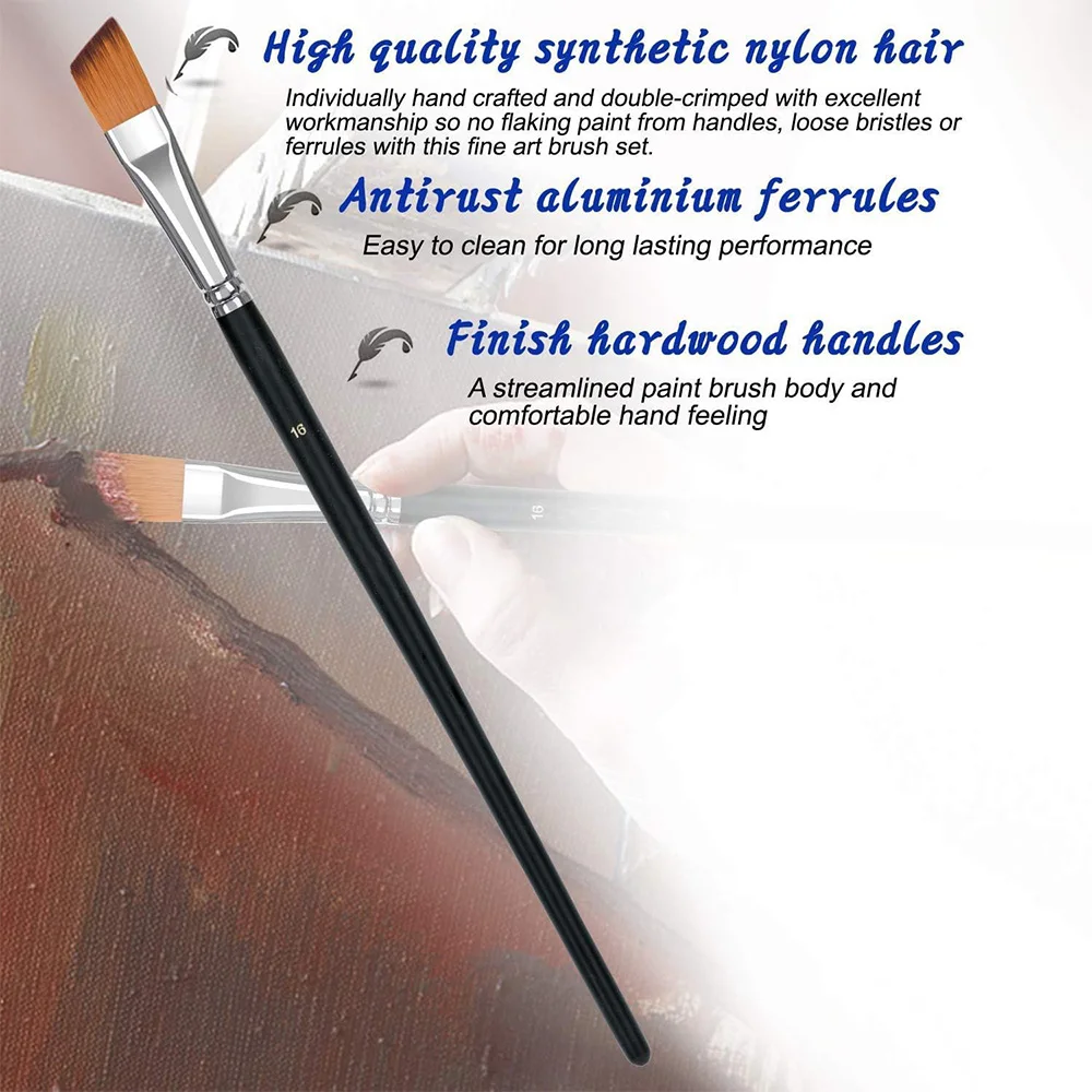 9-Piece Angled Paint Brush Set with Long Handles and Anti-Shedding Synthetic Nylon Bristles, Suitable for Acrylic, Watercolor