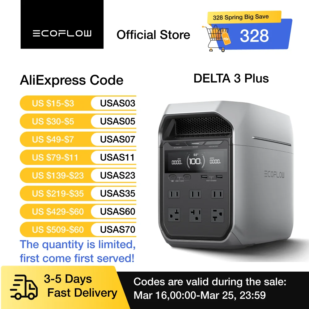 

Солнечный генератор ECOFLOW DELTA 3 Plus с солнечной панелью 45 Вт, входной мощностью 1000 Вт, аккумулятором LiFePO4 1022 Вт·ч, портативное электропитание