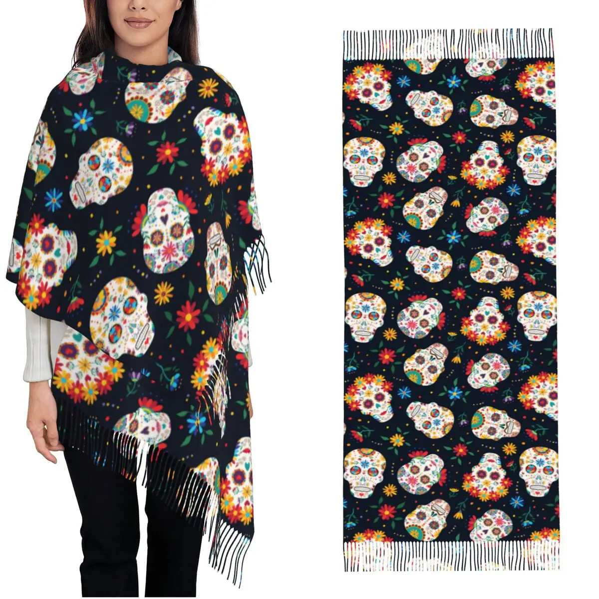 Day Of The Dead Floral Sugar Skull Calavera Shawl Wrap Women Warm Large Long Scarf Dia De Los Muertos Pashminas Tassel Scarves