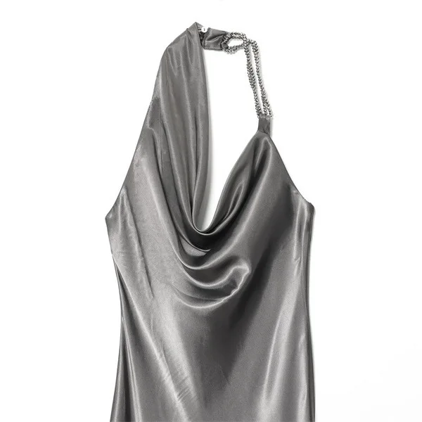 Abito longuette asimmetrico in raso di seta con perline da donna dal temperamento europeo e americano