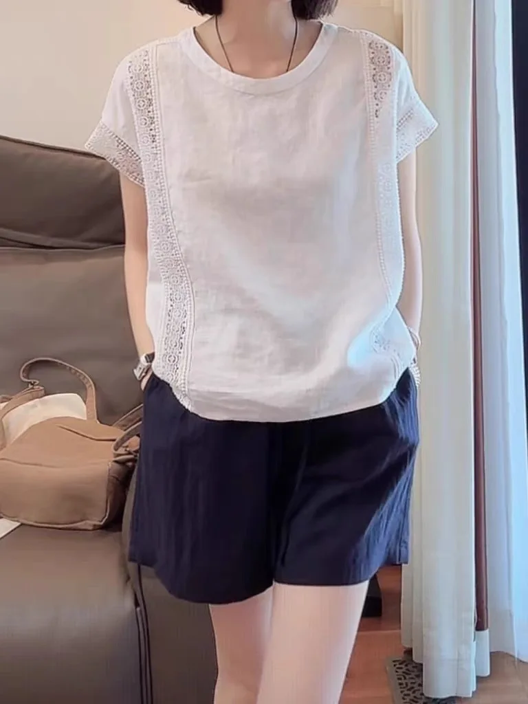 

Casual round Ne Hollow out irt Large Size Design Faionable Flng Sve Top Comfortable Breathable Women's Summer irt