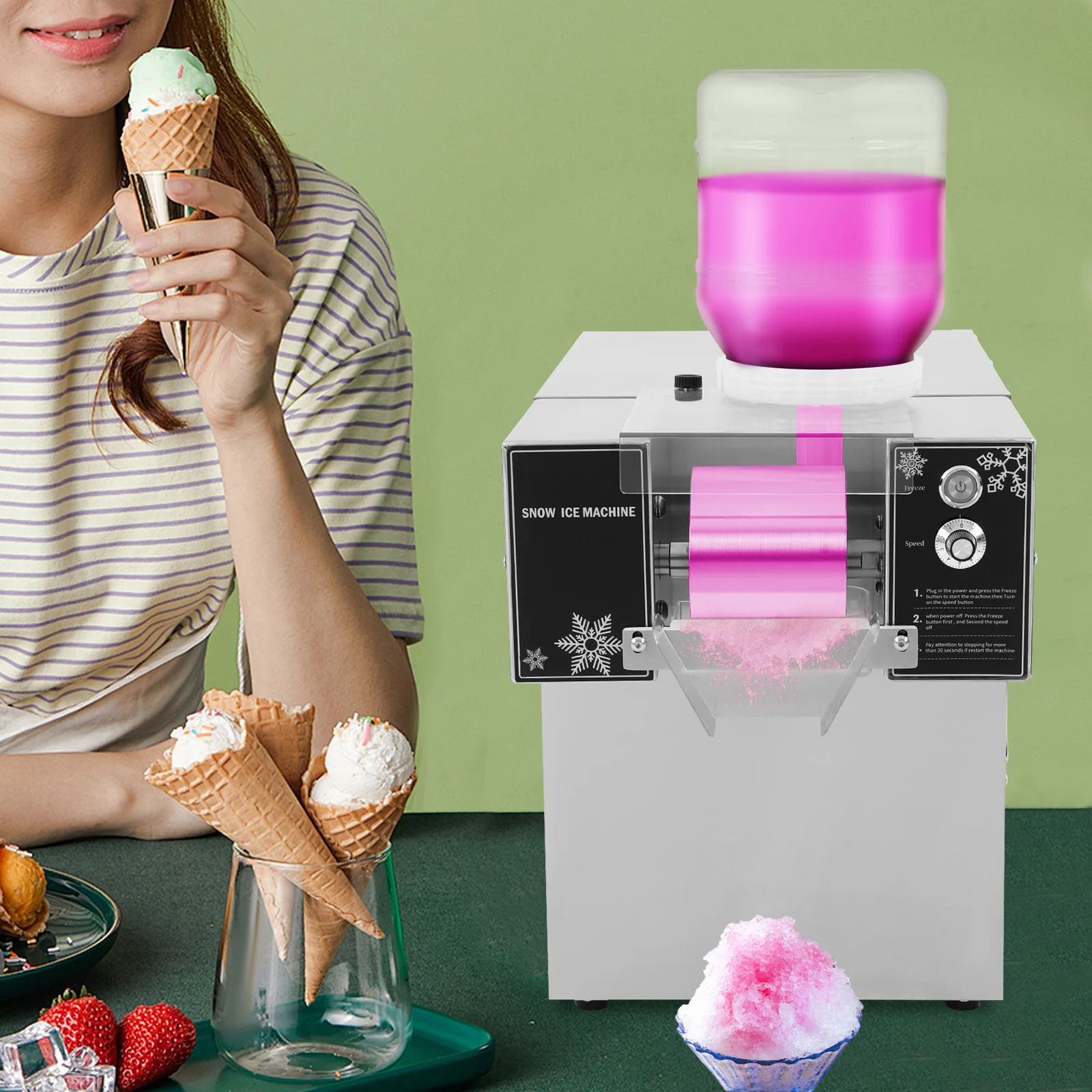 120 kg/24 Stunden elektrische Schneeflocken-Eismaschine, 750 W, kleiner Schnee, kontinuierlich gekühlte Milch, Mango, Bingsu-Rasierer, Smoothie-Brecher, 220 V