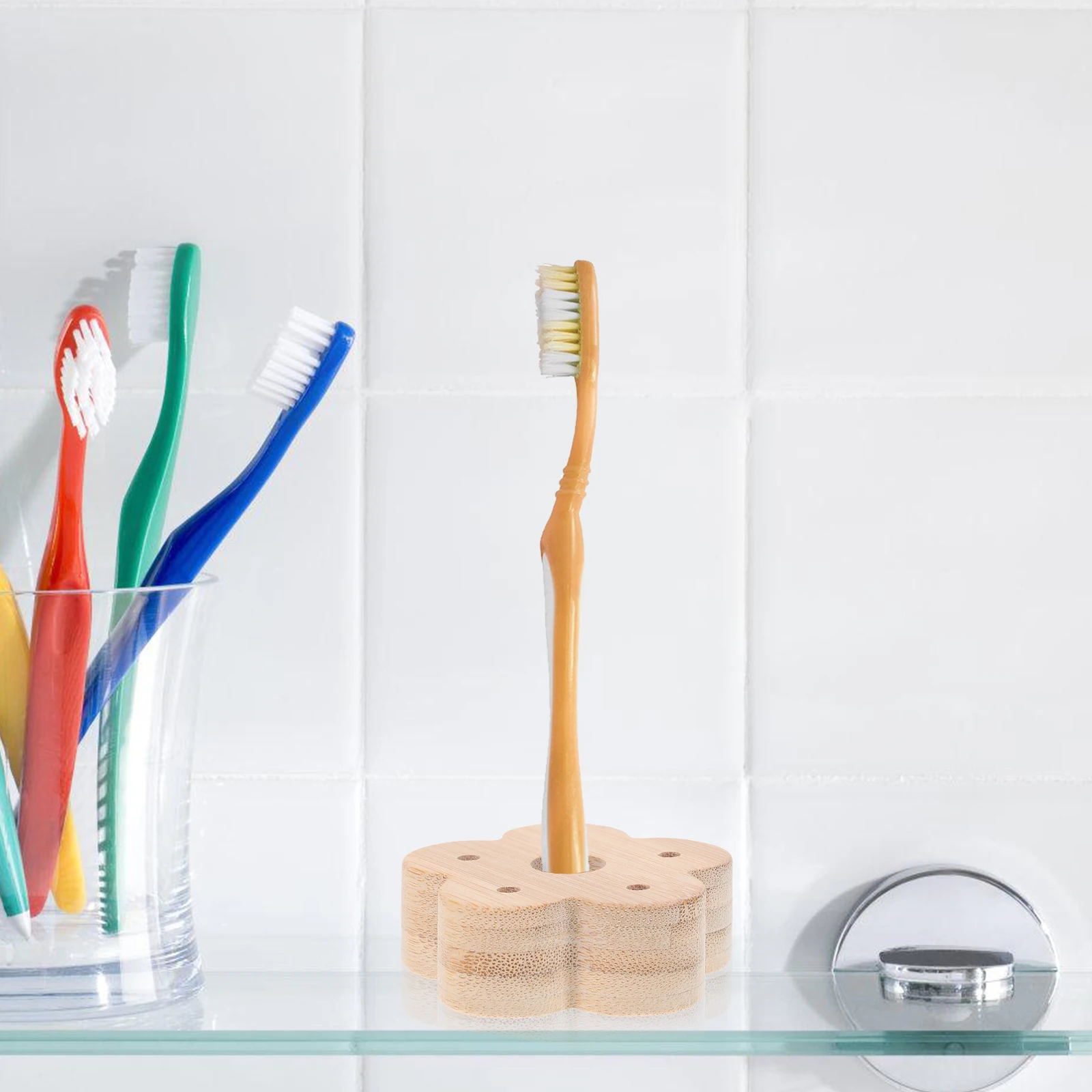 

4Pcs Bamboo Toothbrush Holder Flower Shape Desktop Stand Multipurpose Organizer for Toothbrush Pen Pencil Makeup Brush