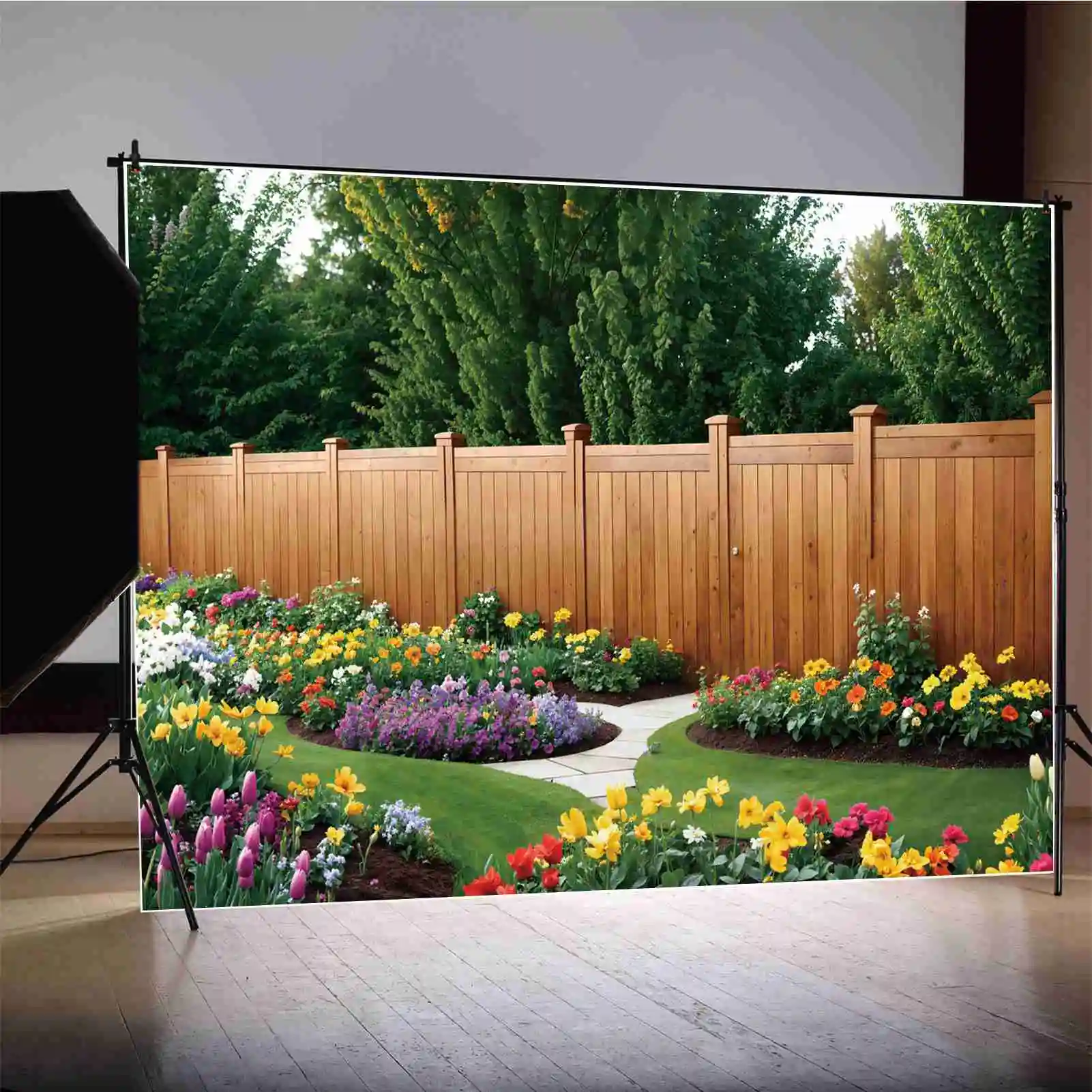 Spring Flower Garden Photography Backdrops Decor Wooden Wall Green Trees Grassland Landscape Custom Children'S Photo Background