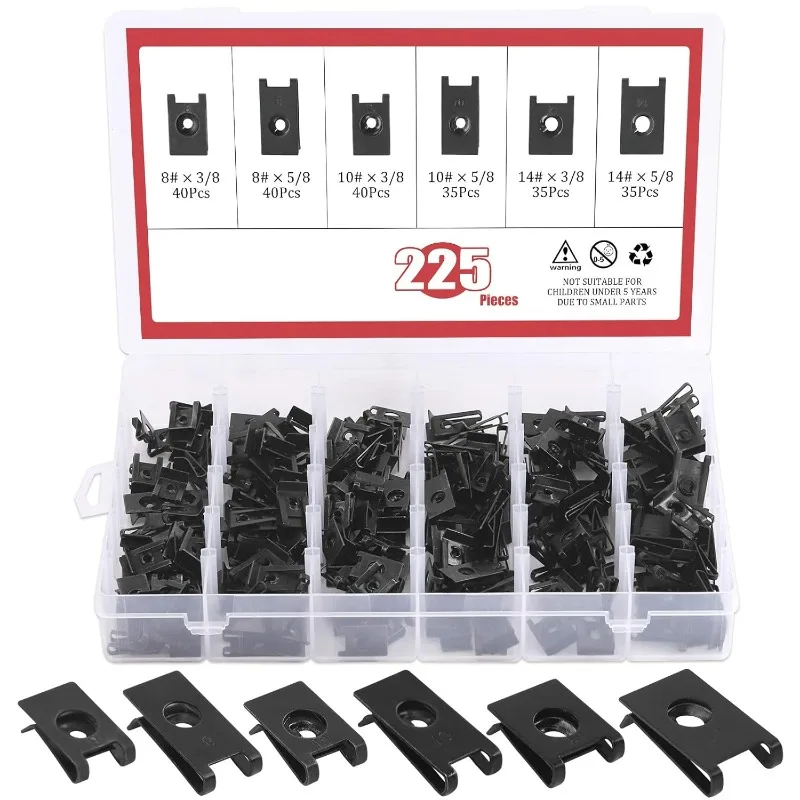225Pcs U Nut Assortment Black Rust Resistant Kit Auto Car Metal Clips Repair Replacement