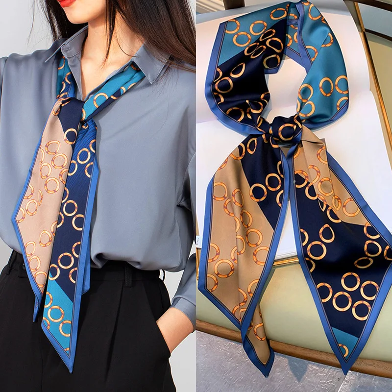 

Fashion Blue Print Silk Scarf Women Soft Satin Horse Hairband Bevel Neckerchief Office Hijab Headband Foulard Bag Ribbons Gift