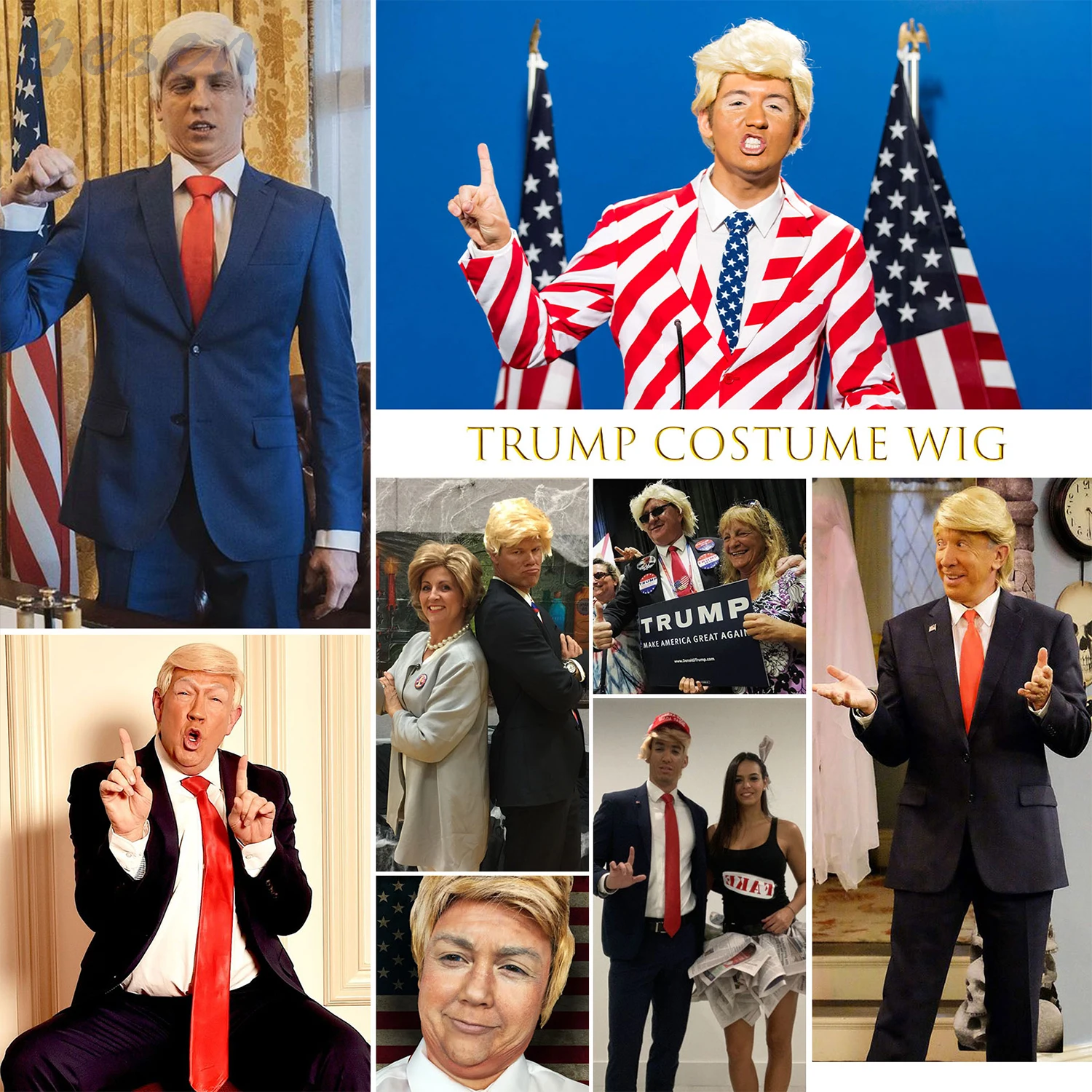 Syntetyczna blond kostiumowa peruka Trump dla dorosłych ze śmiesznymi naklejkami męskie warstwowe peruki termoodporne znanych ludzi peruki Cosplay