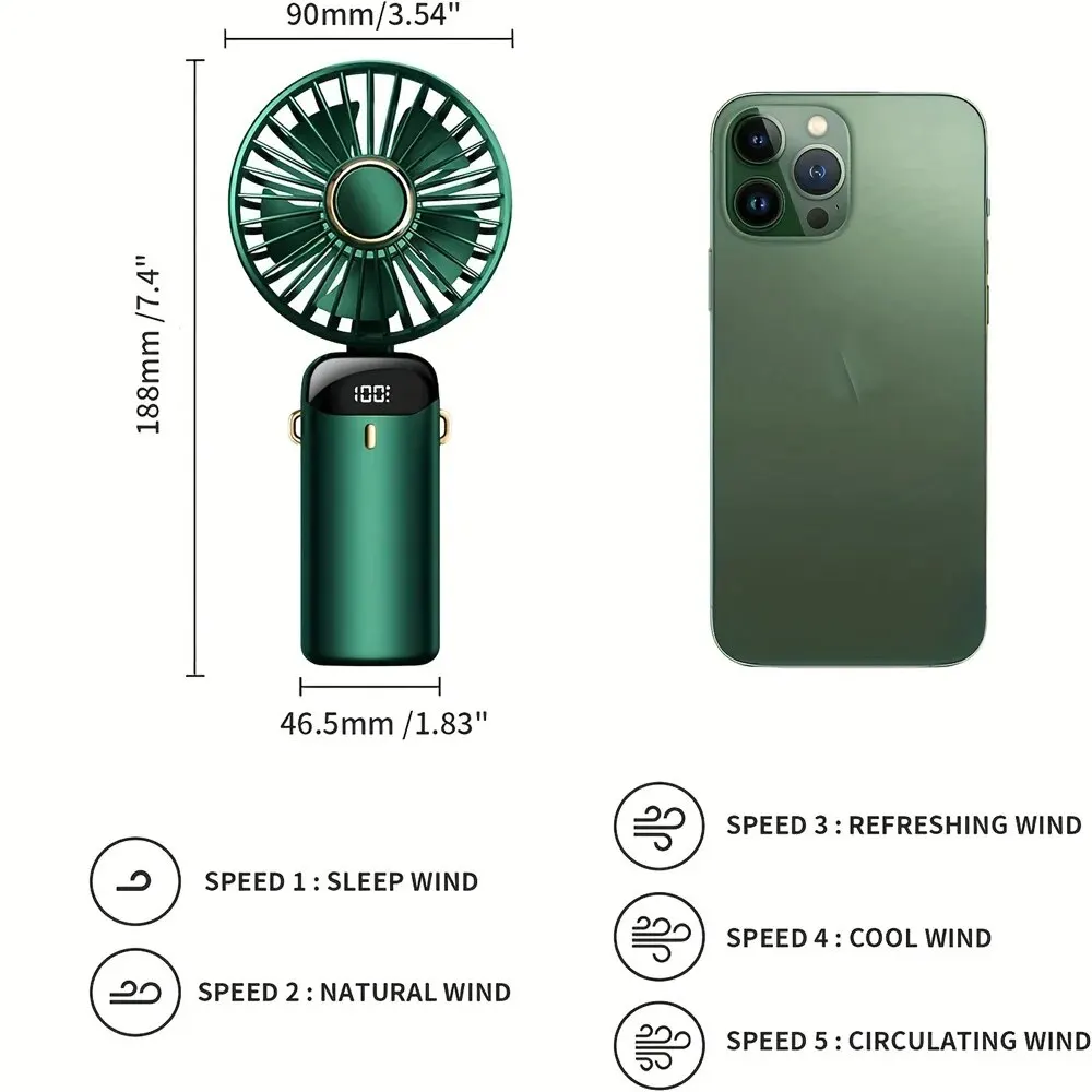 Mini ventilateur de cou portable avec support de téléphone et écran d'affichage, 4000mAh, pliable, aste par USB, Gér5 Speed