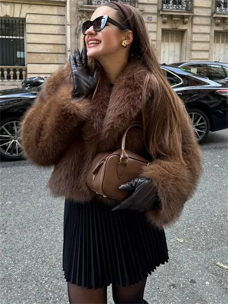 Tossy Fashion Loose Fur Feather Jacket Women's Lapel Long Sleeve Commute Cropped Outwear Winter 2025 Warm Faux Fur Overcoat New