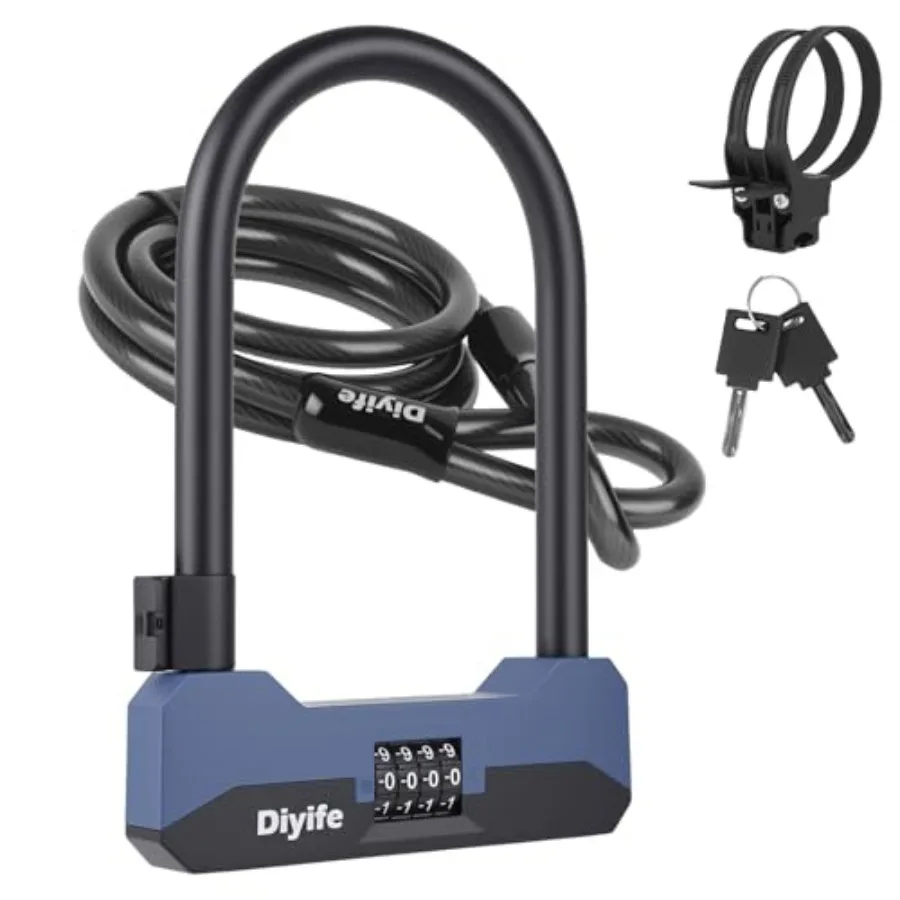 

Прочный U-образный замок для велосипеда с 5-футовым стальным тросом, 18-мм дужкой, 4-значным кодовым замком высокой степени защиты, черного цвета, с 2 ключами и креплением.