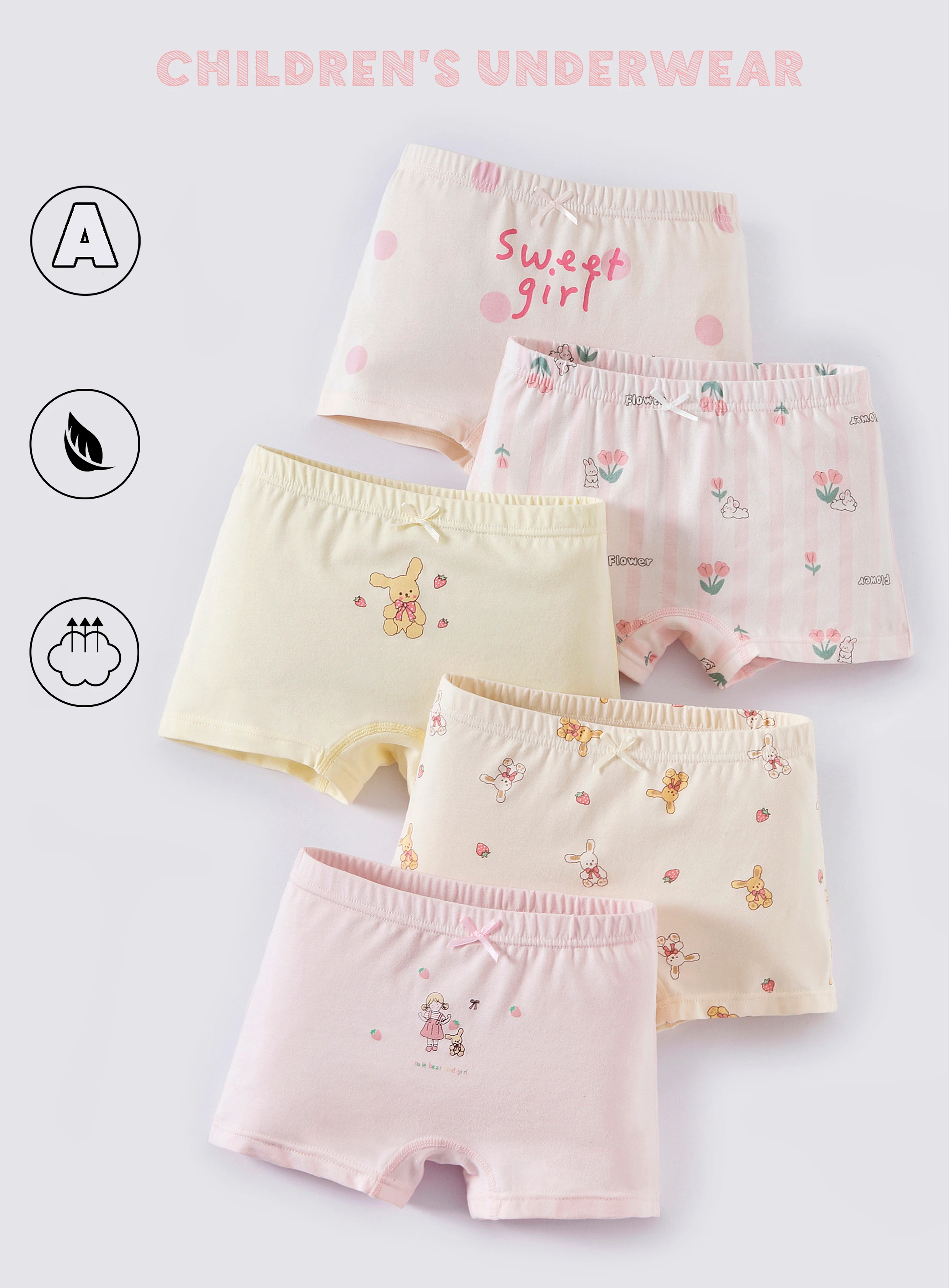 Girls' Boxer Briefs, Children's Cartoon Shorts, Non-Binding, 5-Pack