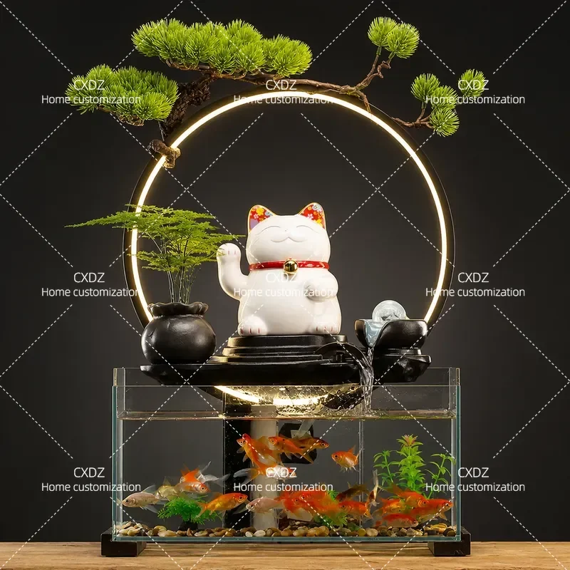 Chinese Style Lucky Cat Fountain with Flowing Water Wealth Ornament Circulating Desktop Decoration for Living Room Office