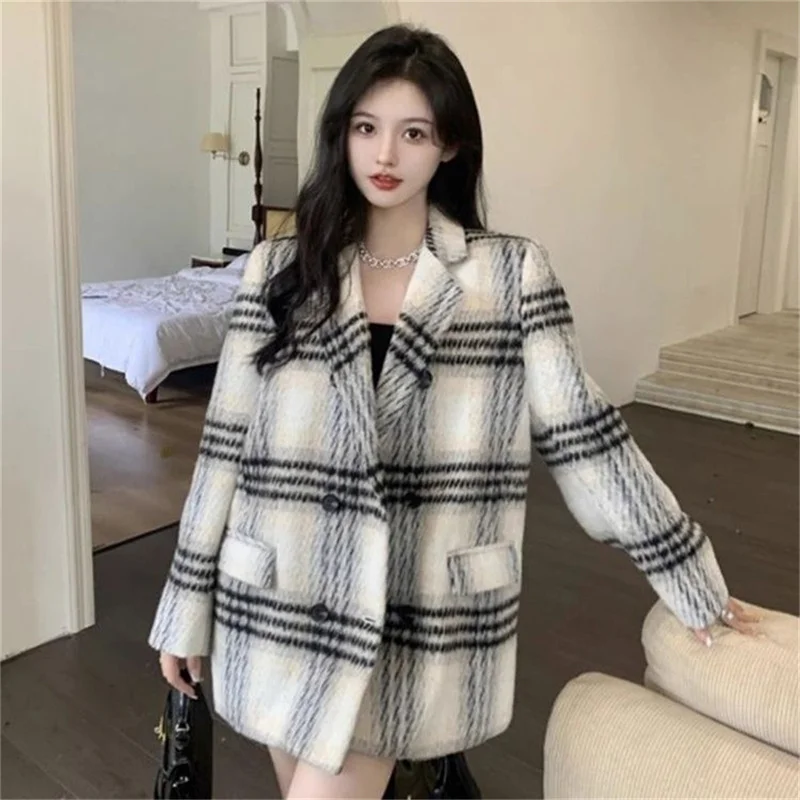 Winter Wear High-End Retro Plaid Woolen Jacket For Women's Autumn Mid Length Loose Casual Suit Large Clothes Spring Blazer XXL