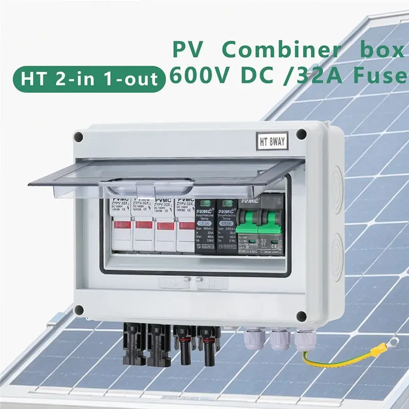 AFOURT-DC 600V 32A 2 In 1 Solar Photovoltaic PV Combiner Box With Built-In Protection Fuse MCB SPD Waterproof IP65 Output