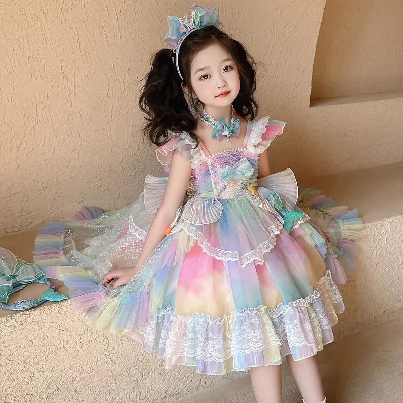 

Girls Mermaid Lolita Princess Dress with Strap Bow Puffy Lace Mesh Skirt And Tail - Kids Party Clothing halloween Gift
