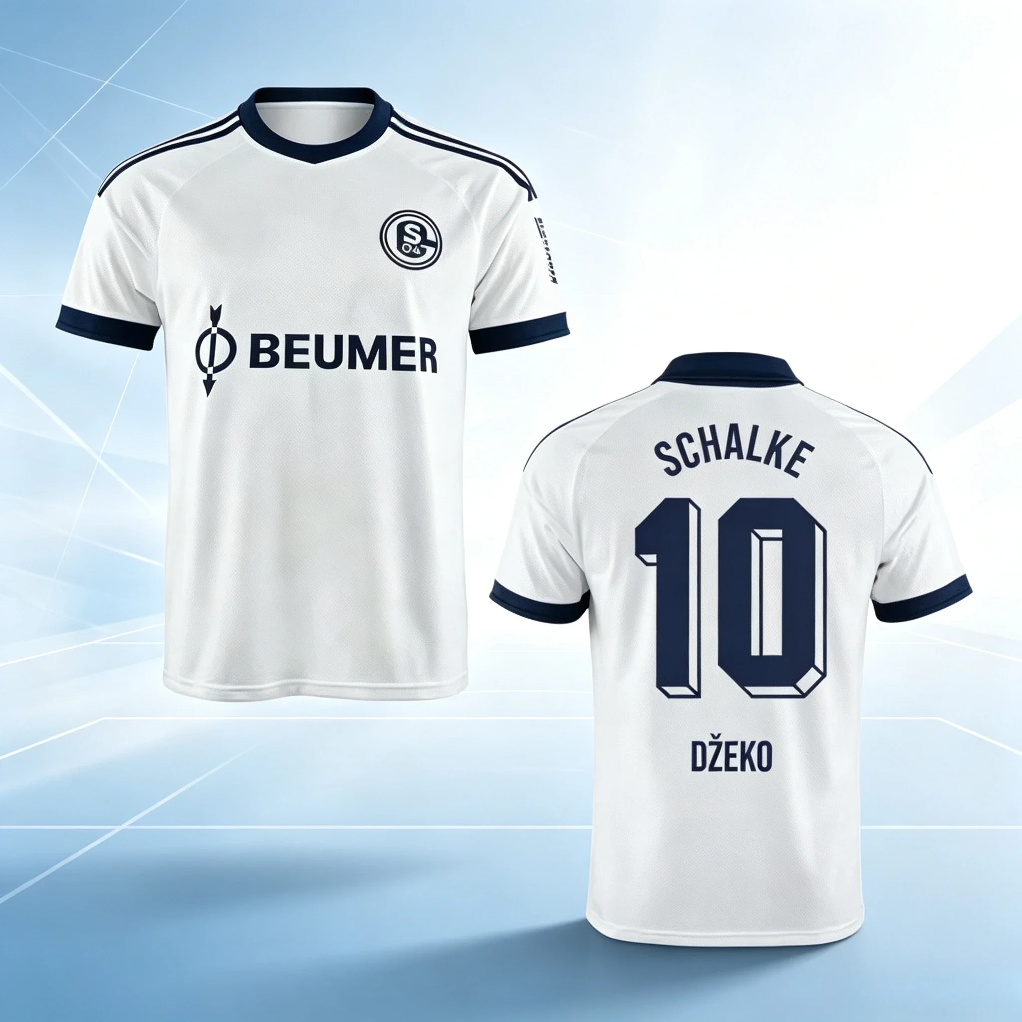Schalke 04 Away Soccer Jersey Men White Navy Dzeko 10 Short Sleeve Quick Dry Breathable Fan Football Shirt Uniform