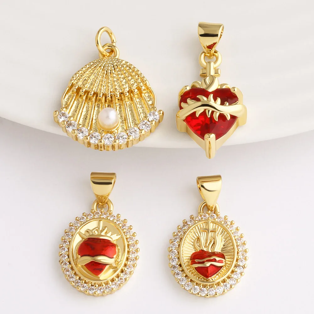 OCESRIO White Crystal Red Heart Pendant for Necklace DIY Brass Gold Plated Faux Pearl Shell Jewelry Making Supplies pdta994