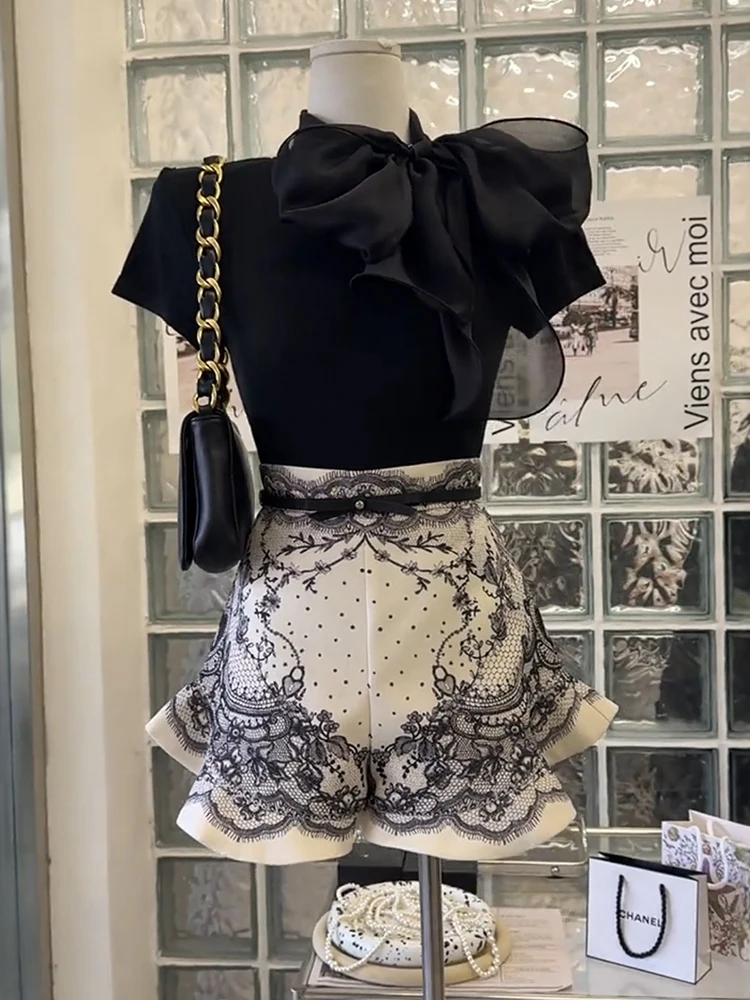 

Summer Commute Knot Short Sleeve T-Shirt Lace Trim Shorts Set Women's Fashionable Outfit One Whole Set Xiaohanjia