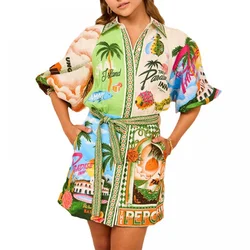 Vintage Printed Tropical Beach Cardigan Women Short Boho Dress with Belt Casual Elegant Shirt Dresses Party Prom Holiday