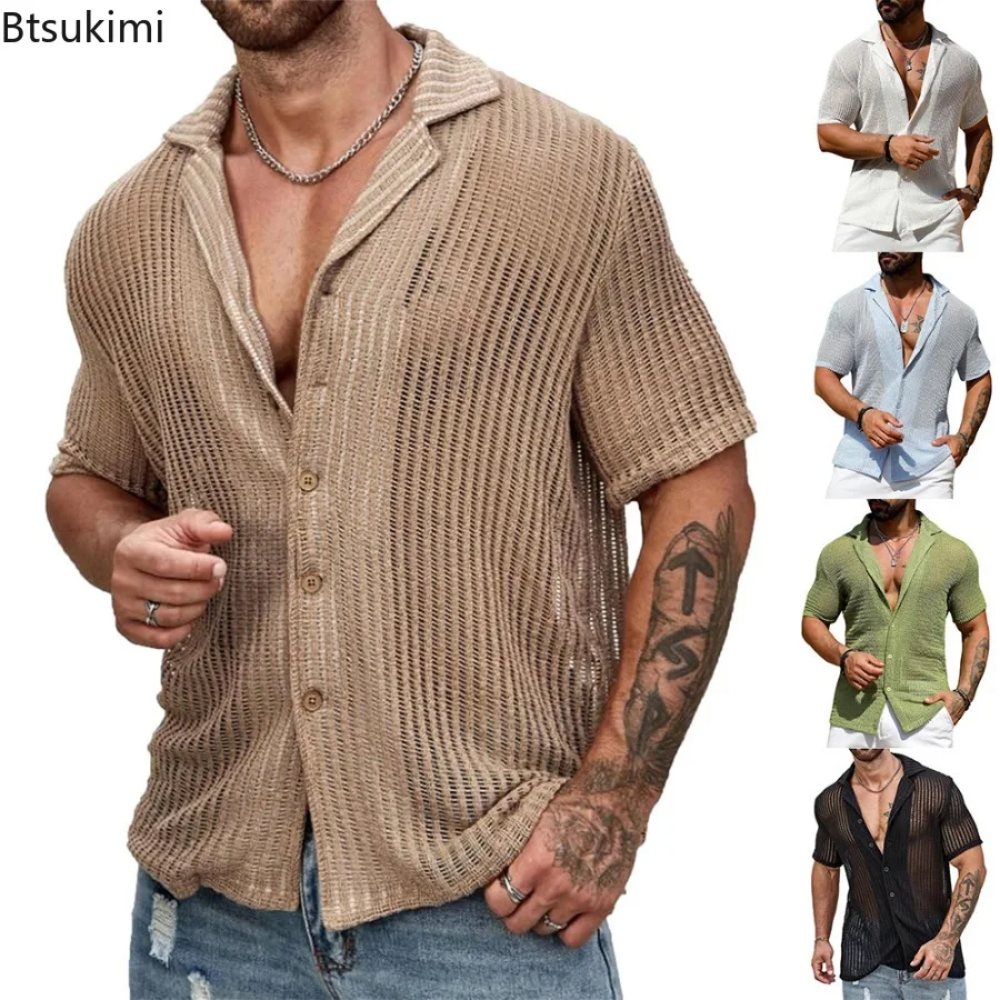 

Sexy Hollow Out Knitted Shirts for Men Summer Cool Breathable Short-sleeved Cardigan Loose Casual Knit Mesh Tops Male Streetwear