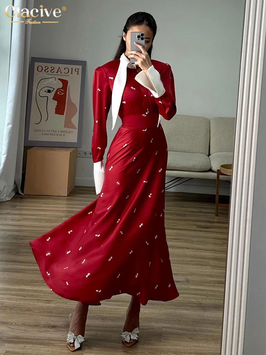 Clacive Fashion Loose Print Women\'s Dress Elegant Lapel Long Sleeve Ankle Length Dresses Casual Classic High Waist Female Dress